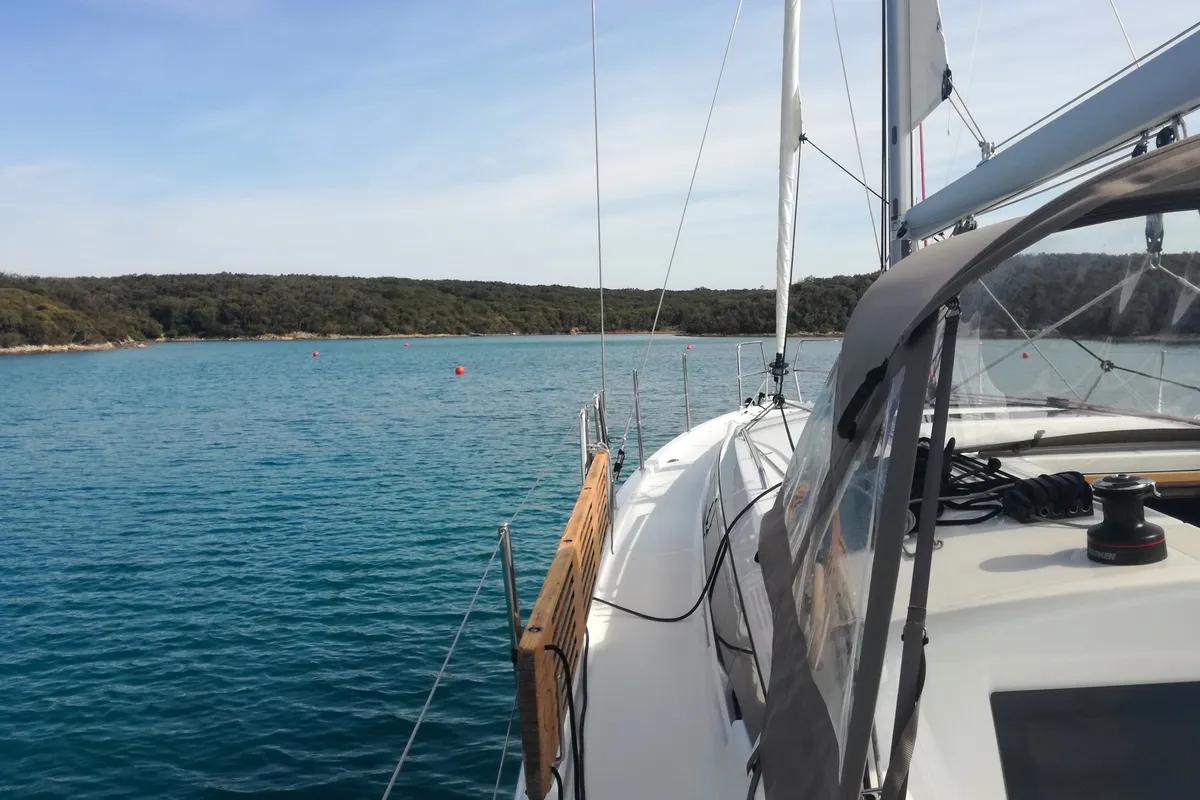 Deck of Lara, a Jeanneau Sun Odyssey 410 sailboat at Punat, Croatia