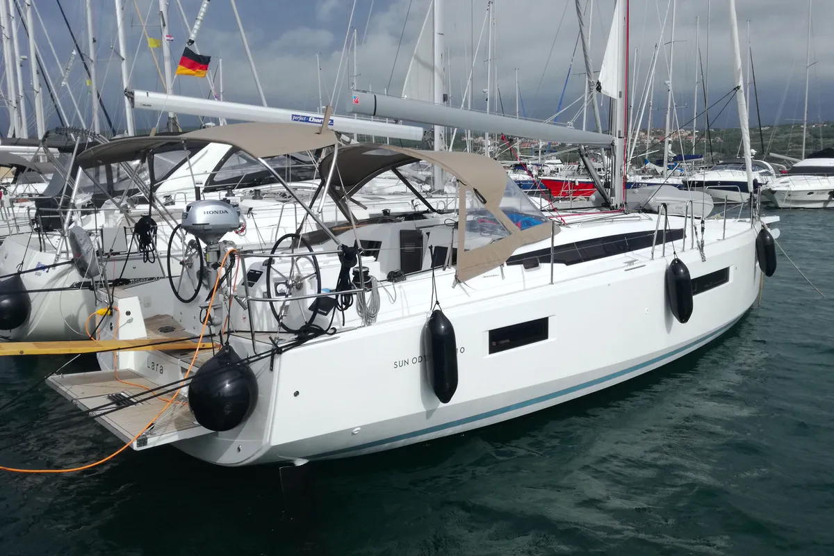 Exterior view of Lara, a Jeanneau Sun Odyssey 410 sailboat at Punat, Croatia