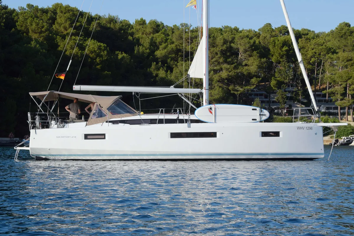 Exterior view of Lara, a Jeanneau Sun Odyssey 410 sailboat at Punat, Croatia