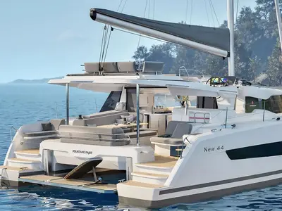 Exterior view of MANATEE , a Fountaine Pajot FP 44 Quatuor ELECTRIC catamaran at Seget Donji, Croatia