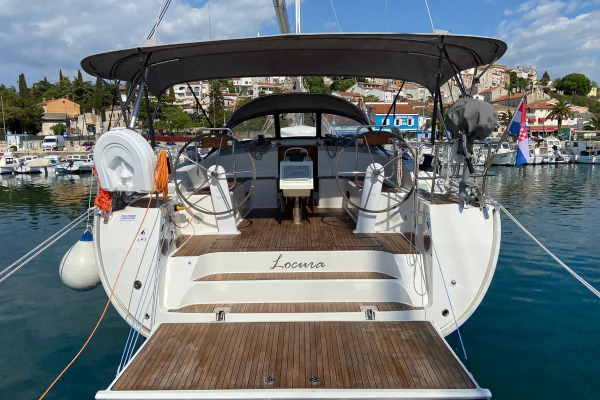 Exterior view of Locura, a Bavaria Cruiser 51 sailboat at Općina Vrsar, Croatia