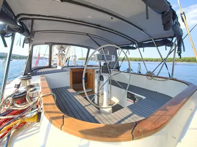 Cockpit of Amica, a Aragosa Yachts Dolphin 50 sailboat at Punat, Croatia