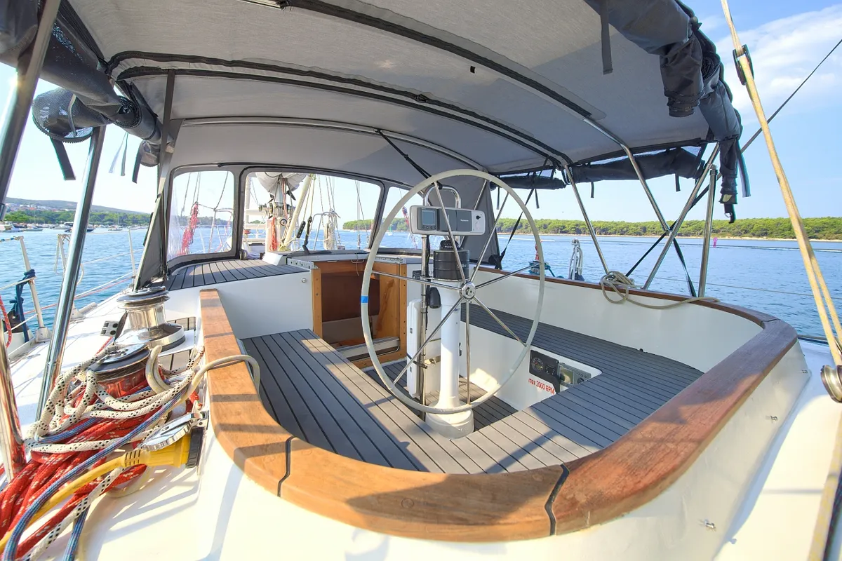 Cockpit of Amica, a Aragosa Yachts Dolphin 50 sailboat at Punat, Croatia