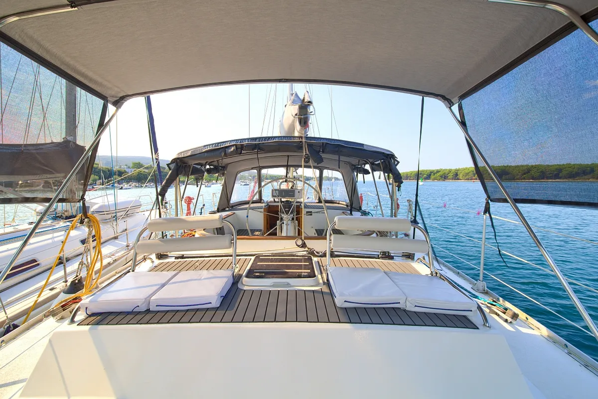 Deck of Amica, a Aragosa Yachts Dolphin 50 sailboat at Punat, Croatia