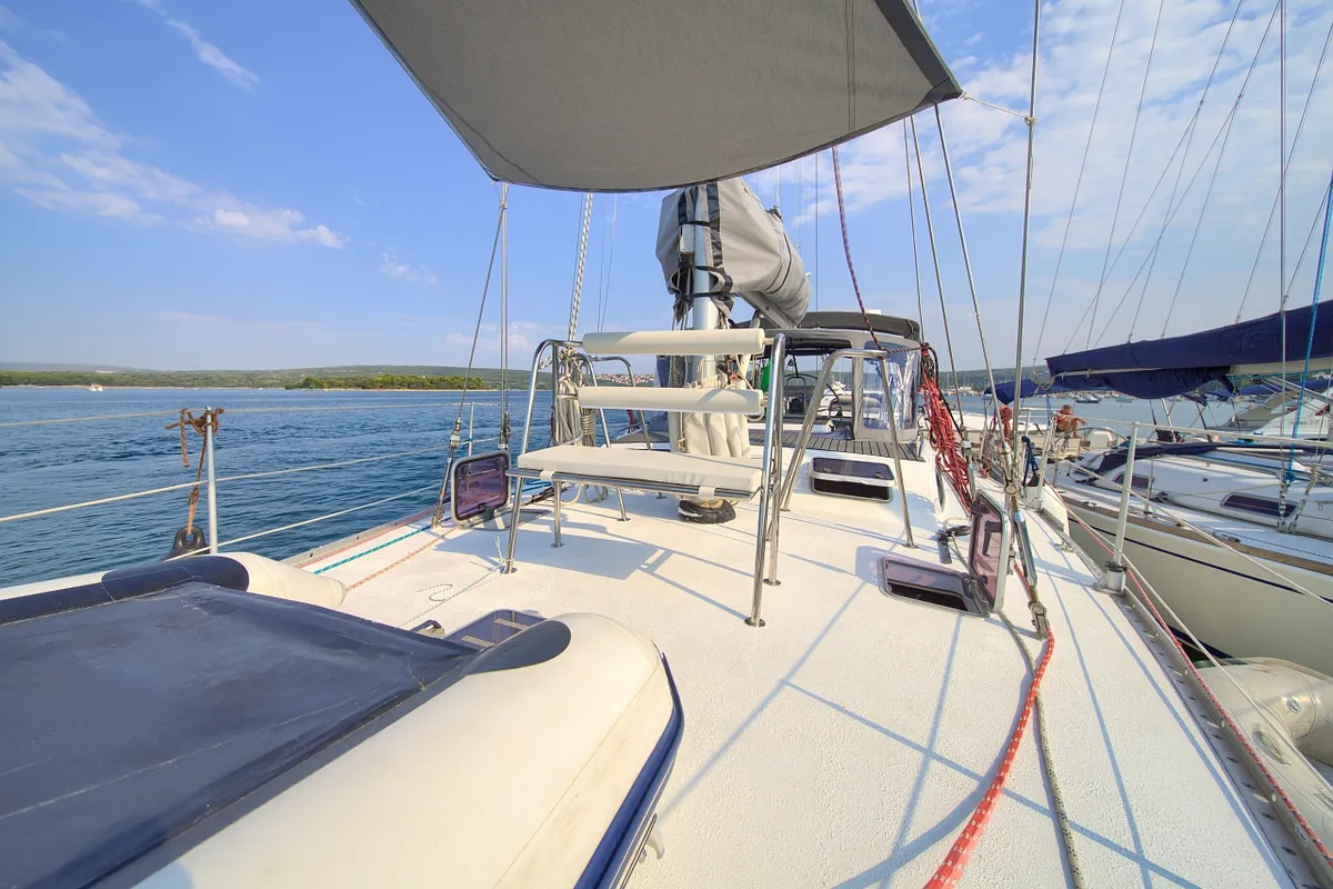 Deck of Amica, a Aragosa Yachts Dolphin 50 sailboat at Punat, Croatia