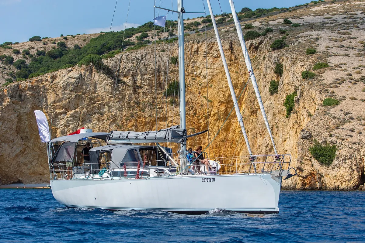 Exterior view of Amica, a Aragosa Yachts Dolphin 50 sailboat at Punat, Croatia