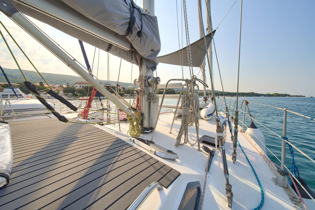 Deck of Amica, a Aragosa Yachts Dolphin 50 sailboat at Punat, Croatia