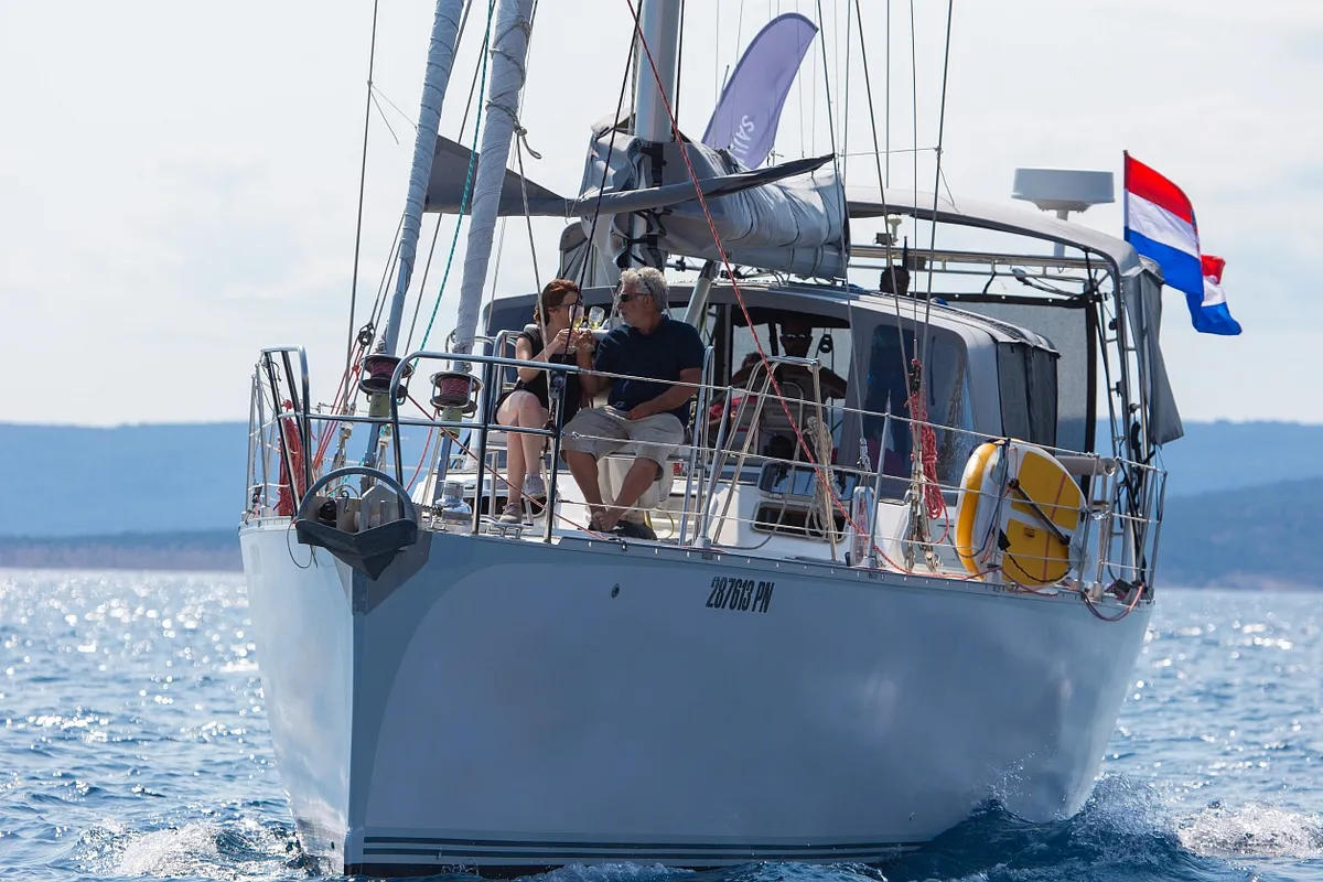 Exterior view of Amica, a Aragosa Yachts Dolphin 50 sailboat at Punat, Croatia