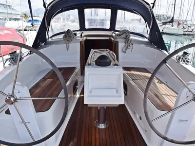 Cockpit of Šešula, a Bavaria Cruiser 37 sailboat at Grad Kaštela, Croatia