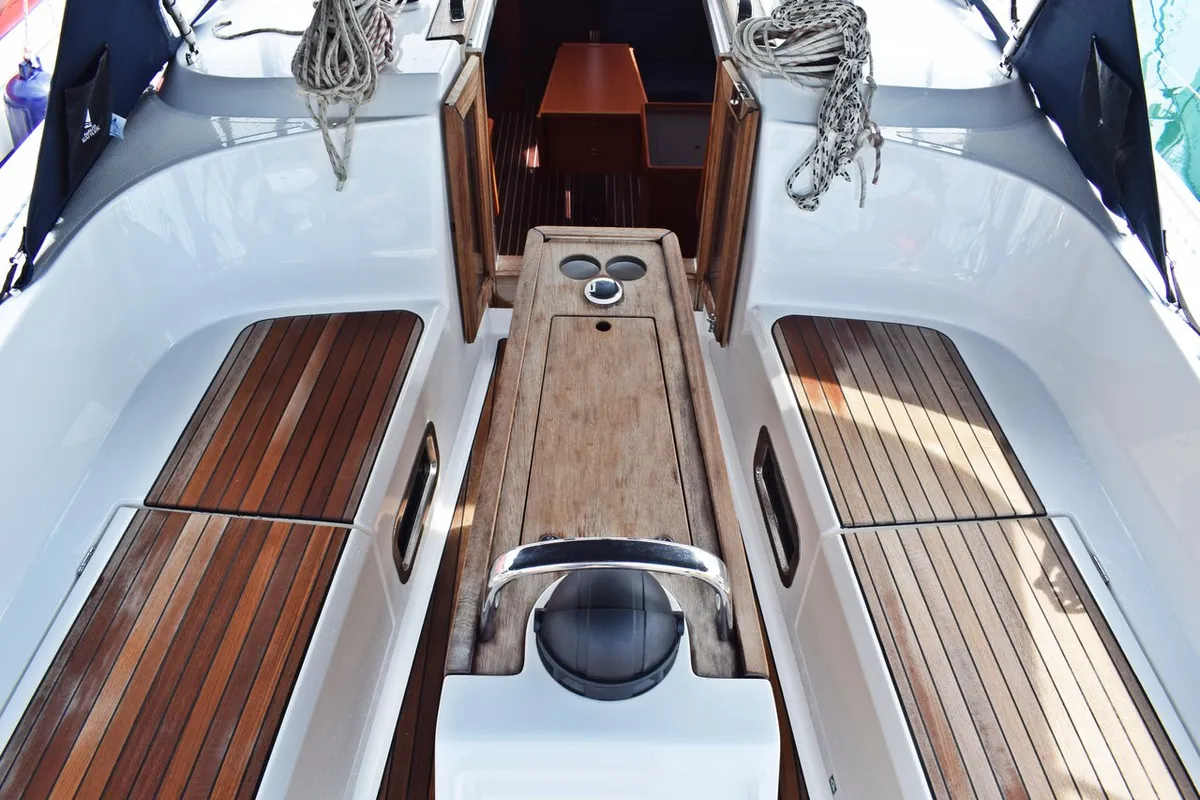 Cockpit of Šešula, a Bavaria Cruiser 37 sailboat at Grad Kaštela, Croatia