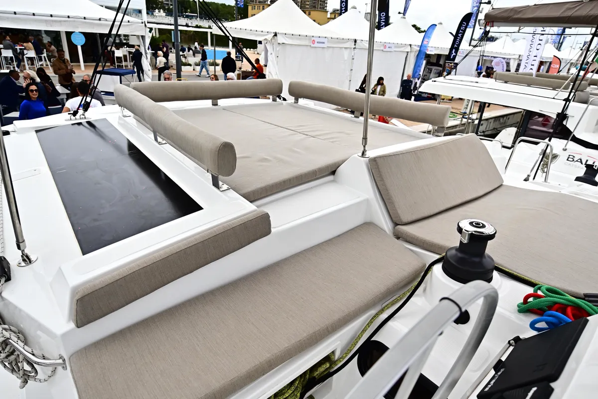 Deck of Alexa, a Bali 4.2 catamaran at Salerno, Italy