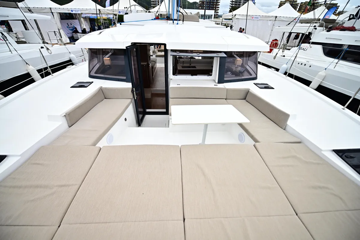 Deck of Alexa, a Bali 4.2 catamaran at Salerno, Italy