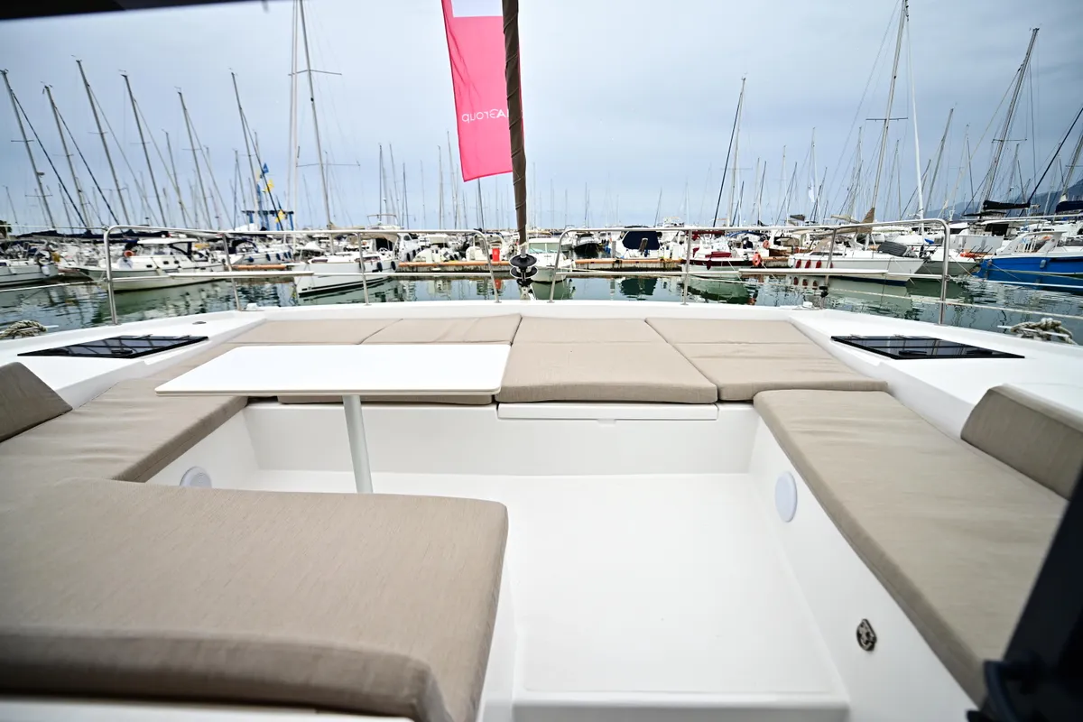 Deck of Alexa, a Bali 4.2 catamaran at Salerno, Italy
