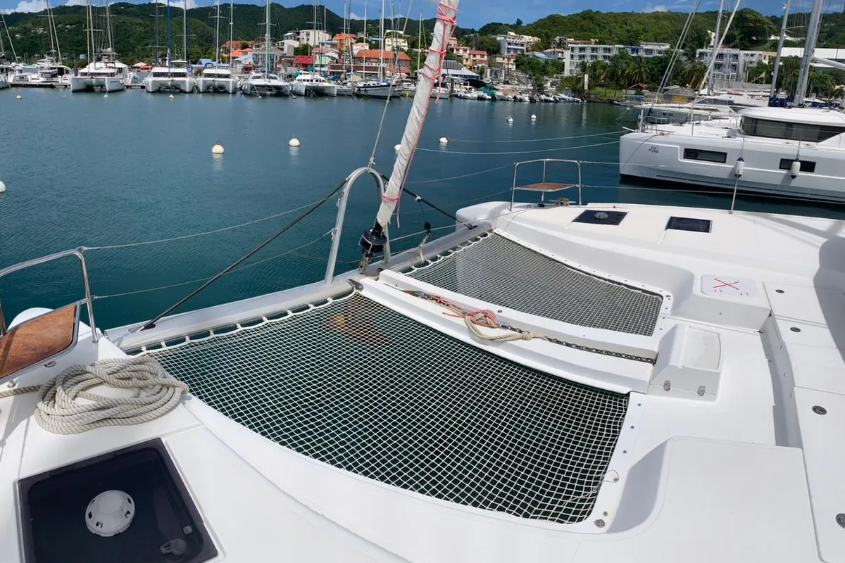 Deck of Oscar VII, a Lagoon 50 catamaran at Alameda, United States
