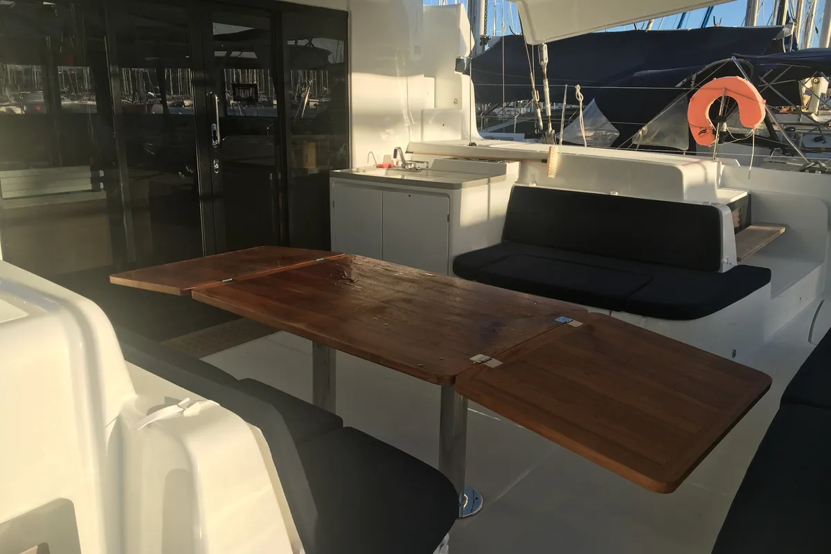 Deck of Oscar VII, a Lagoon 50 catamaran at Alameda, United States