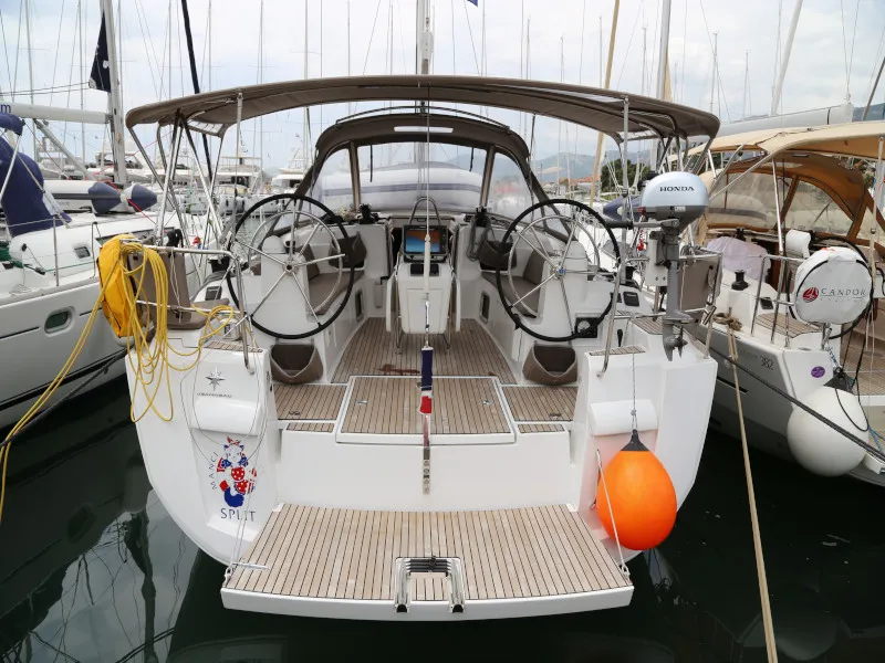 Exterior view of Manci, a Jeanneau Sun Odyssey 479 sailboat at Grad Kaštela, Croatia