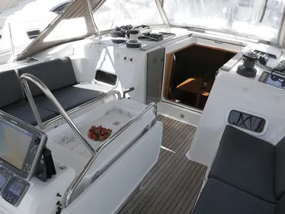 Cockpit of Manci, a Jeanneau Sun Odyssey 479 sailboat at Grad Kaštela, Croatia