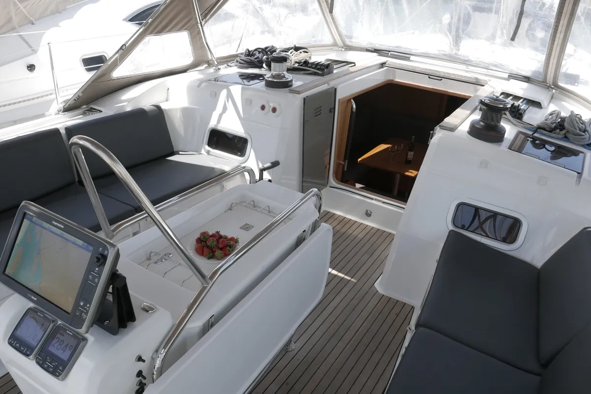 Cockpit of Manci, a Jeanneau Sun Odyssey 479 sailboat at Grad Kaštela, Croatia