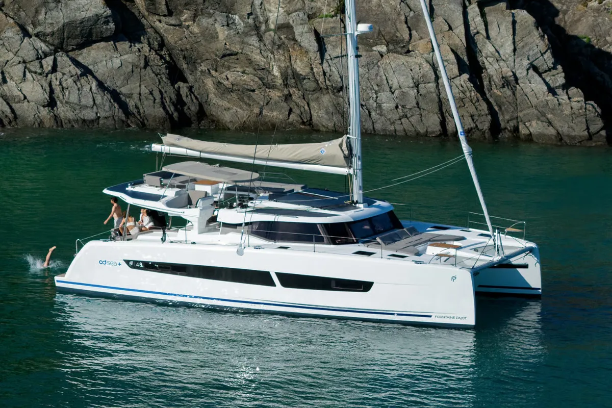 Exterior view of Jaya - A/C, Generator, Water maker, a Fountaine Pajot FP 48 catamaran at Castellammare di Stabia, Italy