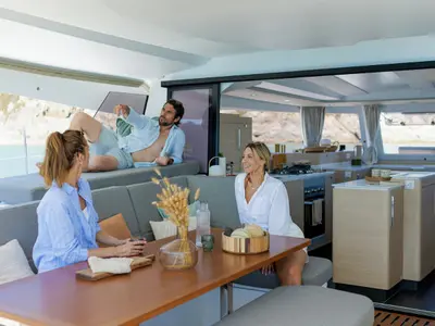 Salon of Jaya - A/C, Generator, Water maker, a Fountaine Pajot FP 48 catamaran at Castellammare di Stabia, Italy