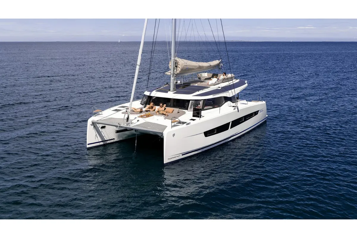 Exterior view of Jaya - A/C, Generator, Water maker, a Fountaine Pajot FP 48 catamaran at Castellammare di Stabia, Italy