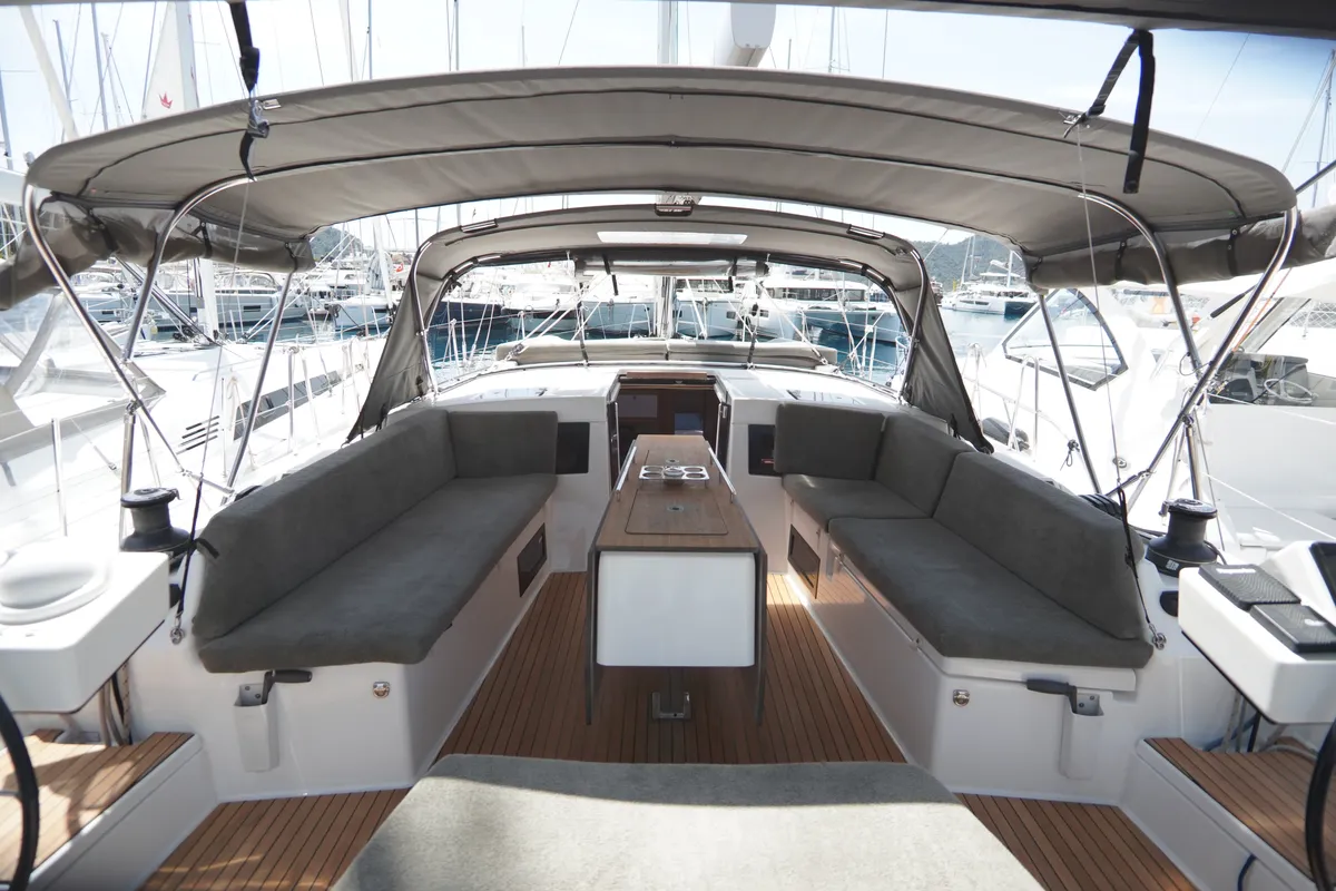 Deck of Robin, a Dufour 470 sailboat at Fethiye, Turkey