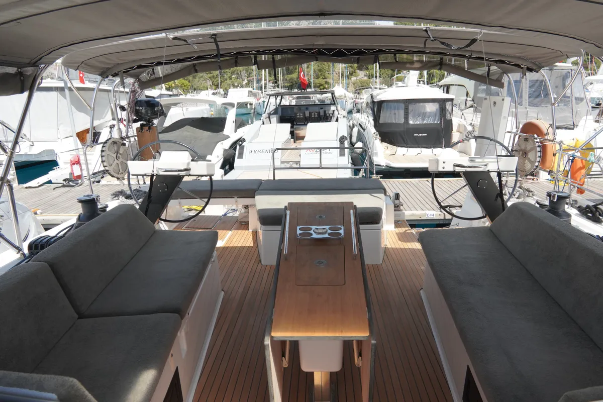 Deck of Robin, a Dufour 470 sailboat at Fethiye, Turkey