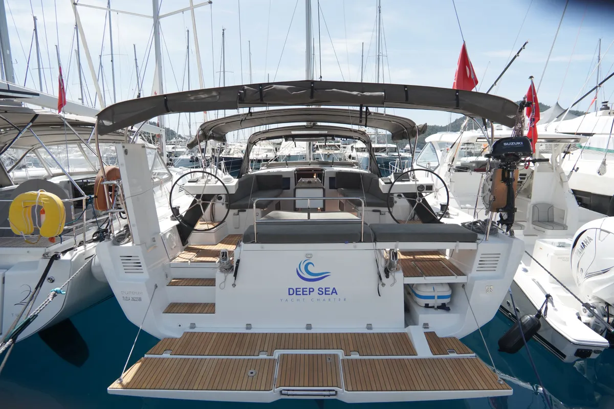 Exterior view of Robin, a Dufour 470 sailboat at Fethiye, Turkey