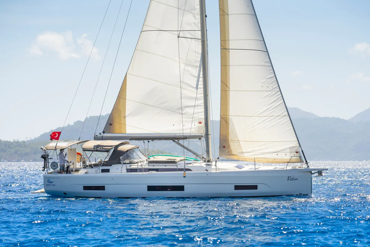 Exterior view of Robin, a Dufour 470 sailboat at Fethiye, Turkey