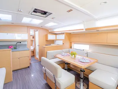 Salon of Robin, a Dufour 470 sailboat at Fethiye, Turkey