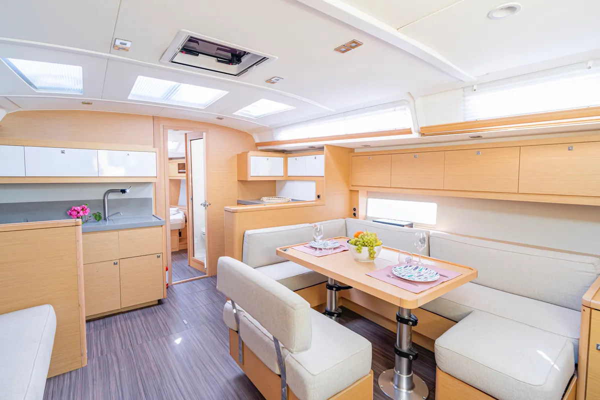 Salon of Robin, a Dufour 470 sailboat at Fethiye, Turkey
