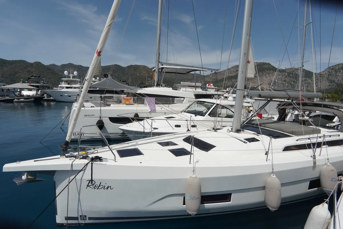 Exterior view of Robin, a Dufour 470 sailboat at Fethiye, Turkey