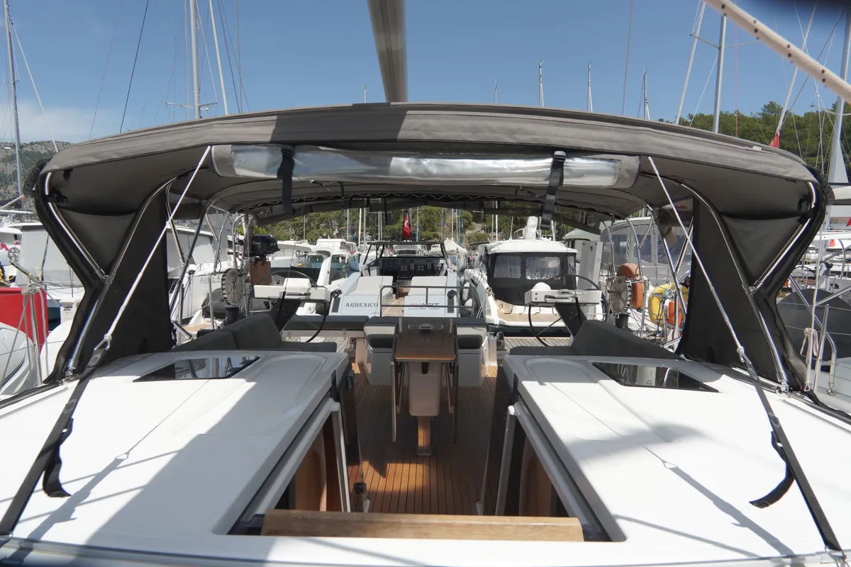 Deck of Robin, a Dufour 470 sailboat at Fethiye, Turkey