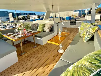 Deck of Inka, a Ocean Beast 65 catamaran at Palma de Mallorca, Spain