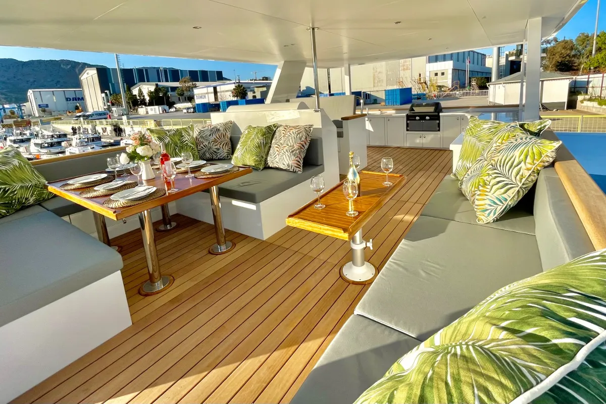 Deck of Inka, a Ocean Beast 65 catamaran at Palma de Mallorca, Spain