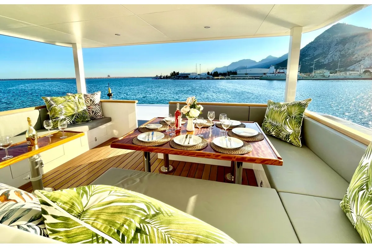 Deck of Inka, a Ocean Beast 65 catamaran at Palma de Mallorca, Spain