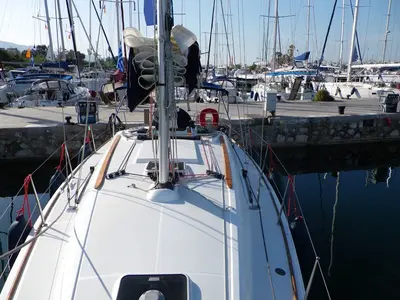 Deck of Jeanneau Sun Odyssey 36i, a sailboat at Lefkada, Greece