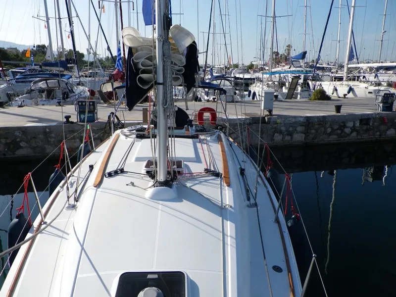 Deck of Jeanneau Sun Odyssey 36i, a sailboat at Lefkada, Greece