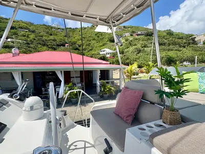 Cockpit of Morale Compass, a Bali Catspace OW catamaran at Parham Town, British Virgin Islands