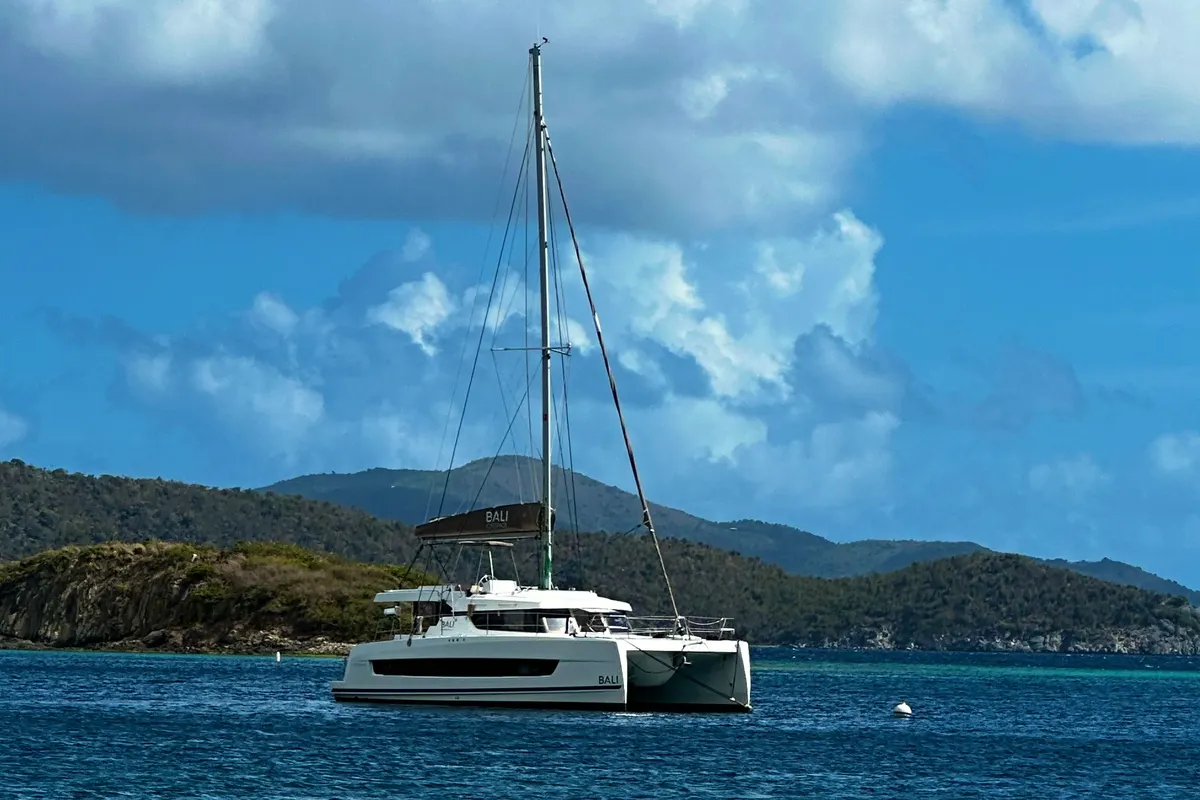 Exterior view of Morale Compass, a Bali Catspace OW catamaran at Parham Town, British Virgin Islands