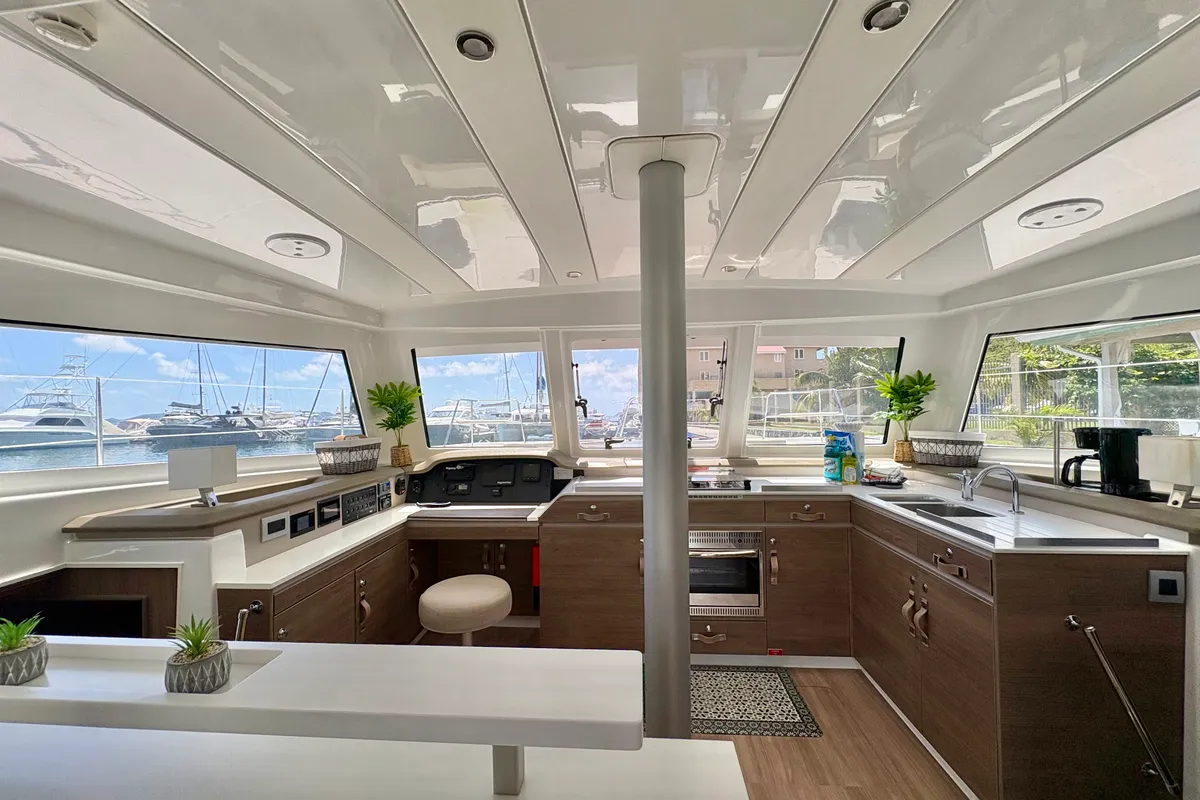 Galley of Morale Compass, a Bali Catspace OW catamaran at Parham Town, British Virgin Islands