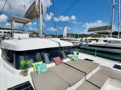 Deck of Morale Compass, a Bali Catspace OW catamaran at Parham Town, British Virgin Islands