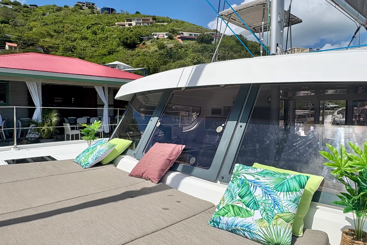 Morale Compass, a Bali Catspace OW catamaran at Parham Town, British Virgin Islands