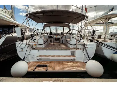 Cockpit of Nika, a Beneteau Oceanis 40.1 sailboat at Olbia, Italy