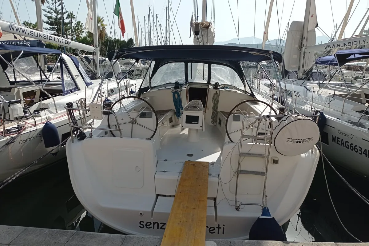 Exterior view of Senza Segreti, a Beneteau Cyclades 50.5 sailboat at Tonnarella, Italy