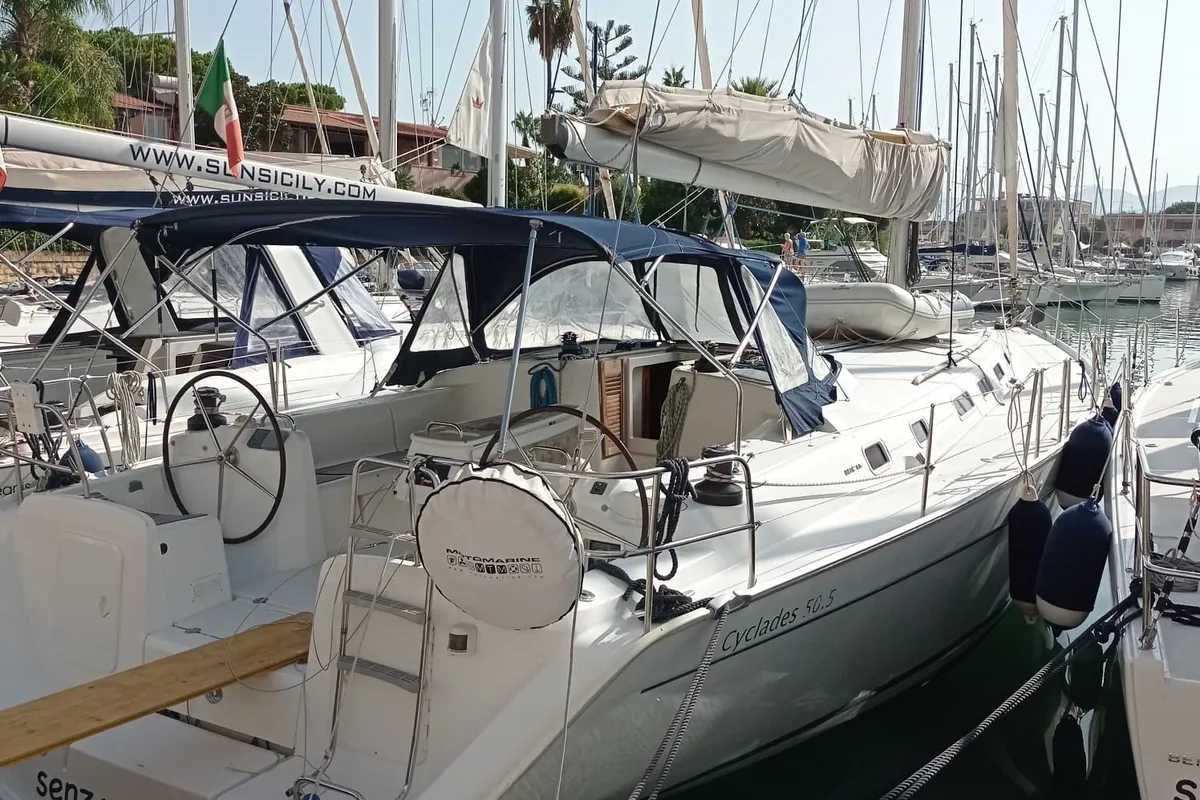 Exterior view of Senza Segreti, a Beneteau Cyclades 50.5 sailboat at Tonnarella, Italy