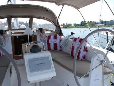 Cockpit of Kalypso, a Bavaria Cruiser 41 sailboat at Kontokali, Greece