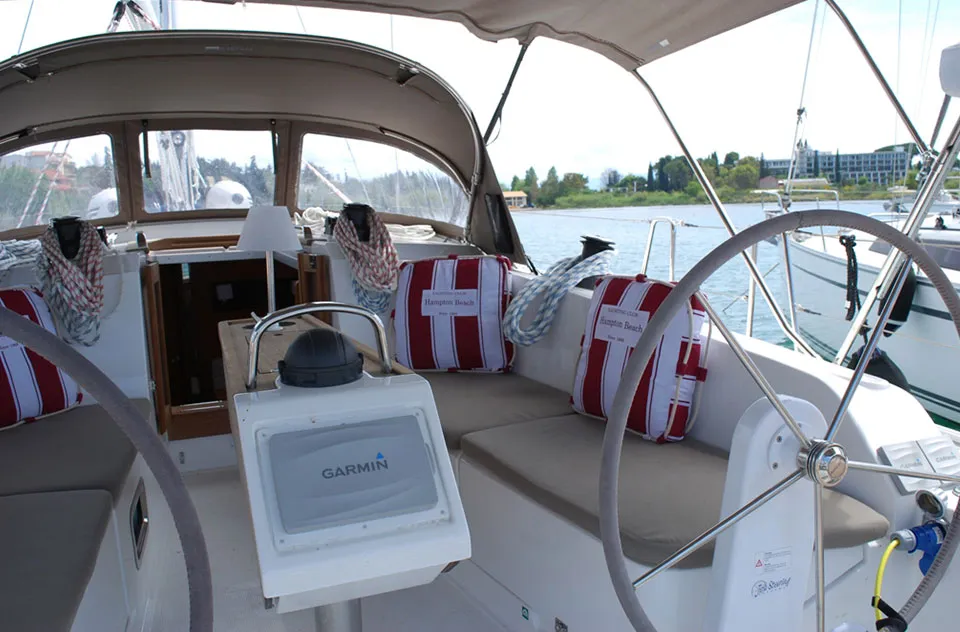 Cockpit of Kalypso, a Bavaria Cruiser 41 sailboat at Kontokali, Greece