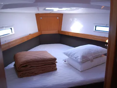 Cabin on Kalypso, a Bavaria Cruiser 41 sailboat at Kontokali, Greece