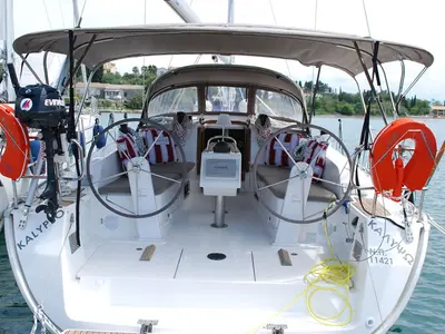 Cockpit of Kalypso, a Bavaria Cruiser 41 sailboat at Kontokali, Greece